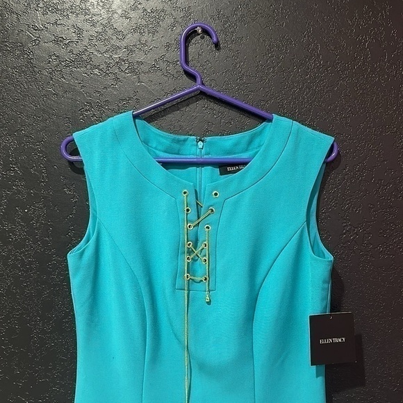 Ellen Tracy turquoise women’s dress with gold chain closure at neck line Size 4 - Picture 4 of 5